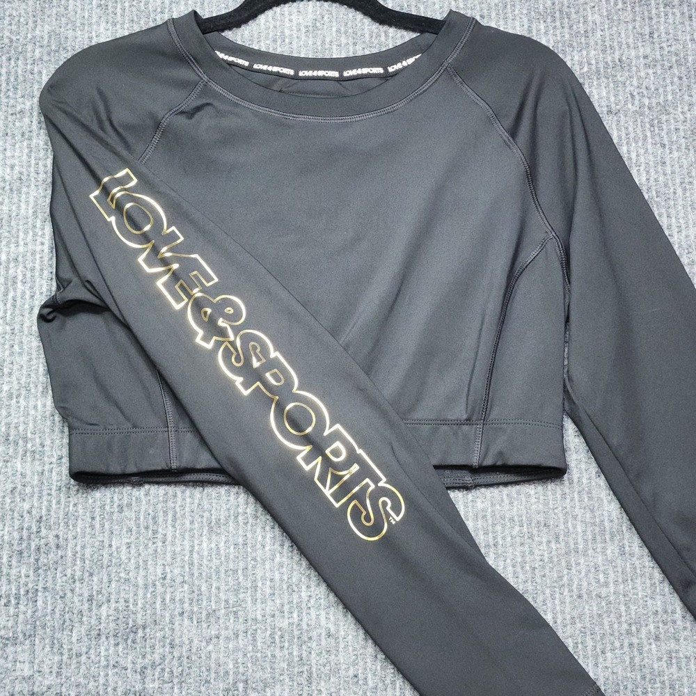 Love & Sports Women Black Gold Logo Cropped Long Sleeve Athletic Top Large 12-14